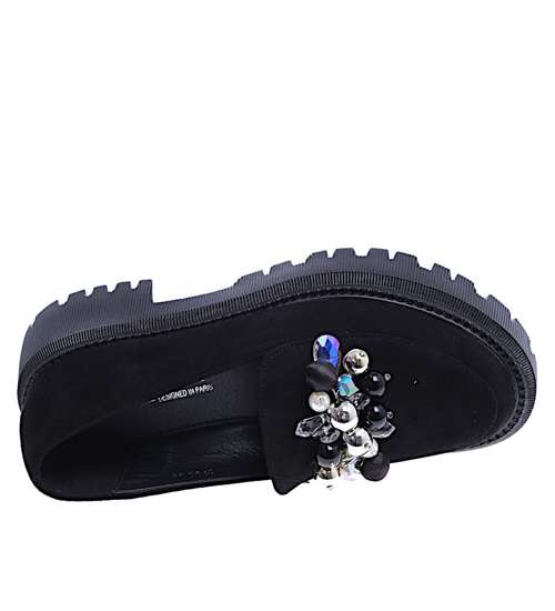 Wsuwane czarne loafersy damskie z kamieniami /E3-3 14644 T640/