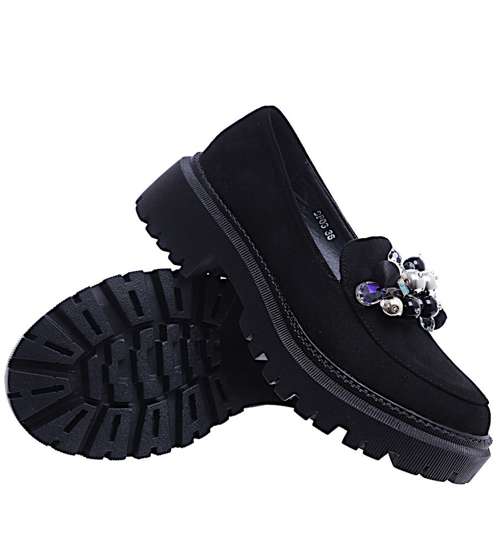 Wsuwane czarne loafersy damskie z kamieniami /E3-3 14644 T640/