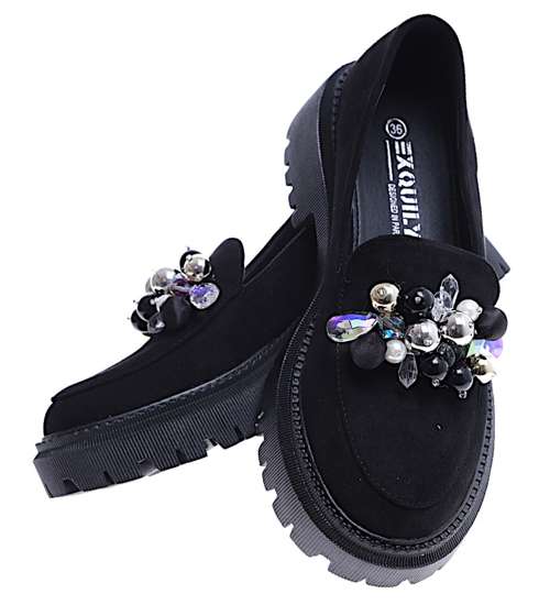 Wsuwane czarne loafersy damskie z kamieniami /E3-3 14644 T640/