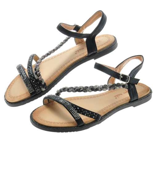 Płaskie sandały z cyrkoniami Czarne /D1-2 8158 S203/