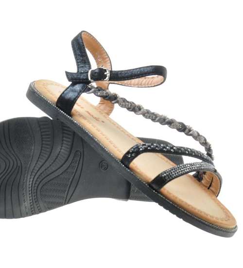 Płaskie sandały z cyrkoniami Czarne /D1-2 8158 S203/
