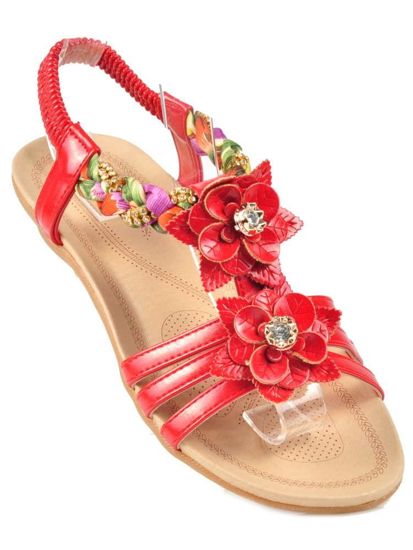 Płaskie sandały damskie z motywem kwiatów CZERWONE /D9-2 3574 S195/