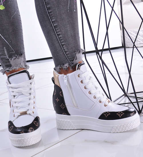 Wiązane biało brązowe sneakersy na koturnie i platformie /A1-2 12341 T696/