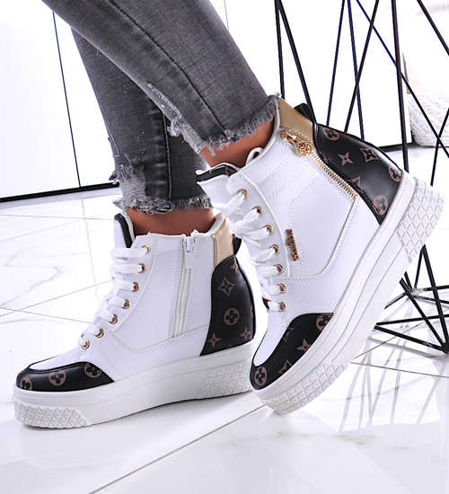 Wiązane biało brązowe sneakersy na koturnie i platformie /A1-2 12341 T696/