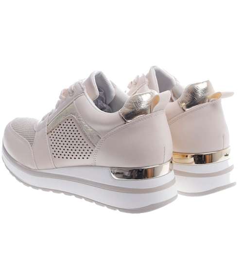 Ażurowe beżowe sneakersy na niskim koturnie /G1-3 13232 T592/