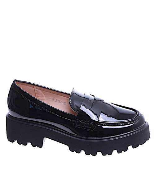 Wsuwane czarne loafersy damskie na platformie /G11-2 14650 T640/