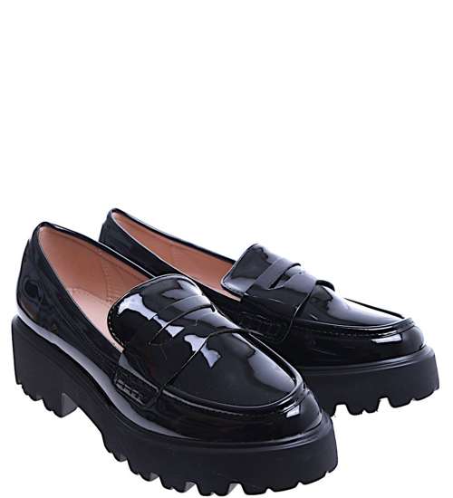 Wsuwane czarne loafersy damskie na platformie /G11-2 14650 T640/