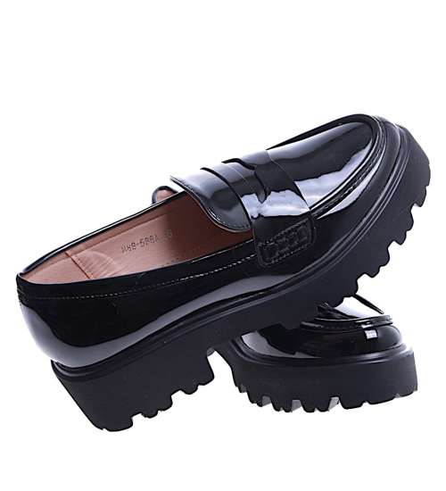 Wsuwane czarne loafersy damskie na platformie /G11-2 14650 T640/