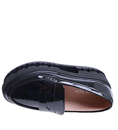 Wsuwane czarne loafersy damskie na platformie /G11-2 14650 T640/