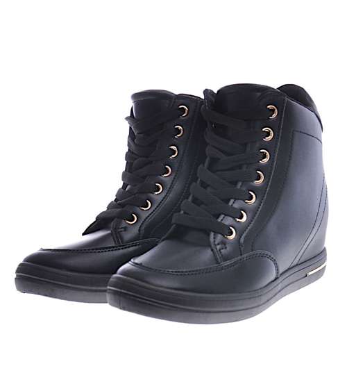 Czarne klasyczne sneakersy damskie na koturnie /F8-3 12818 T796/