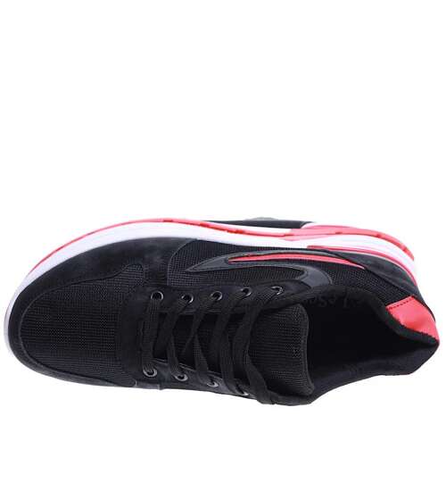Sznurowane męskie buty sportowe Czarno czerwone /D7-3 15744 T382/