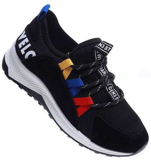 Czarne wsuwane buty sportowe z kolorowymi dodatkami /G6-3 15806 T292/