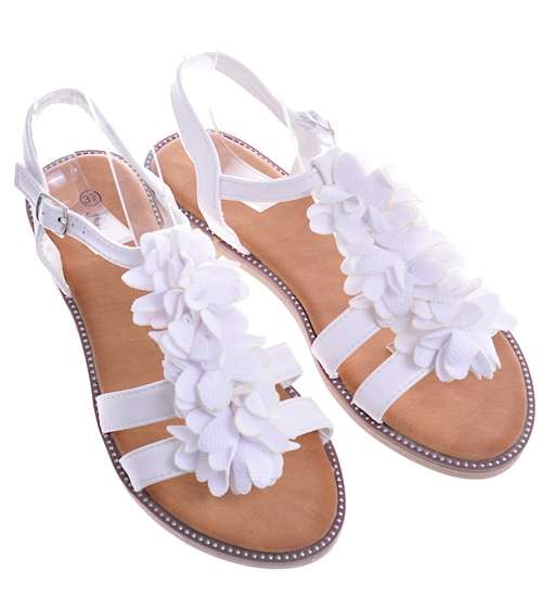 Białe sandały damskie z kwiatami /G2-2 10557 S292/