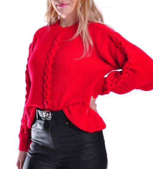Gruby czerwony sweter damski z warkoczem /G11-1 UB417 U1391/
