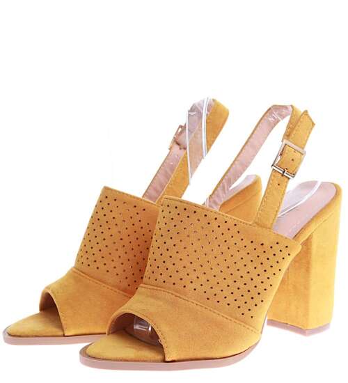 Ażurowe żółte sandały na słupku /E8-3 16126 T242/