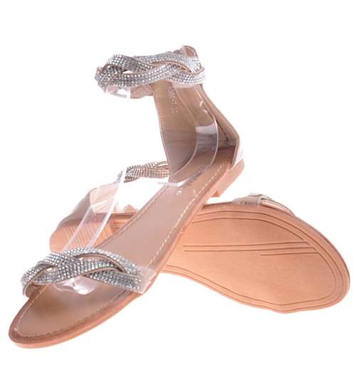 Płaskie sandały damskie z cyrkoniami Beżowe /G1-2 12120 T2/