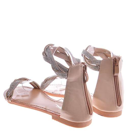 Płaskie sandały damskie z cyrkoniami Beżowe /G1-2 12120 T2/