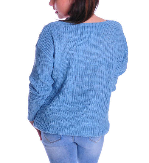Oversizowy niebieski sweter damski z wzorem /G4-1 UB355 U107/