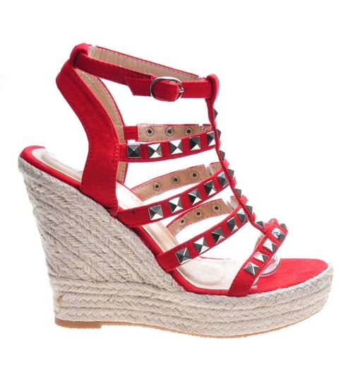 Czerwone sandały damskie na koturnie i platformie /X2-3 4466 S270/