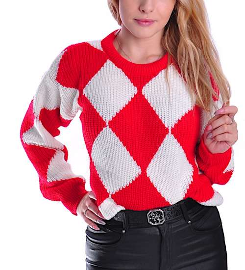 Gruby czerwono biały sweter damski /A6-1 UB434 U1391/