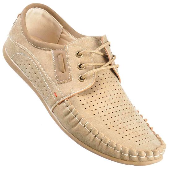 Sznurowane męskie pantofle z ażurowej skóry BEŻOWE /B3-1 2075 S328/
