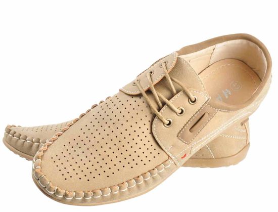 Sznurowane męskie pantofle z ażurowej skóry BEŻOWE /B3-1 2075 S328/