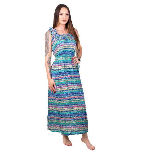 Długa turkusowa sukienka w kolorowe paski /H2-K43 UB168 K68/