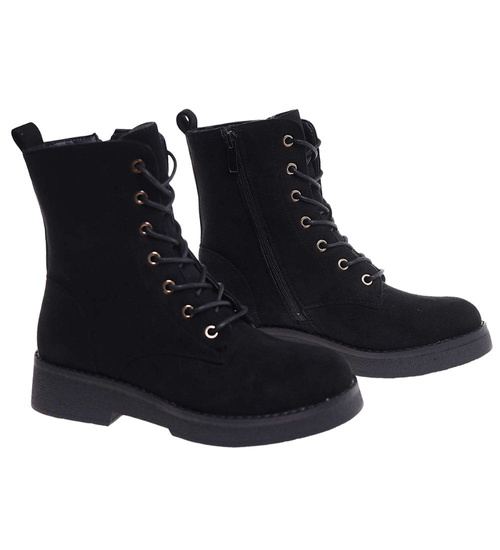 Czarne wiązane botki trapery zamszowe /A1-1 18389 W485/