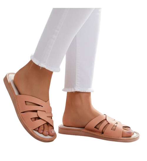 Beżowe klapki damskie z naturalnej skóry /E6-1 8453 S193/