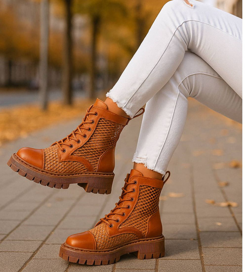 Brązowe ażurowe botki trapery na platformie /16770 F1-1 G381 +h2/