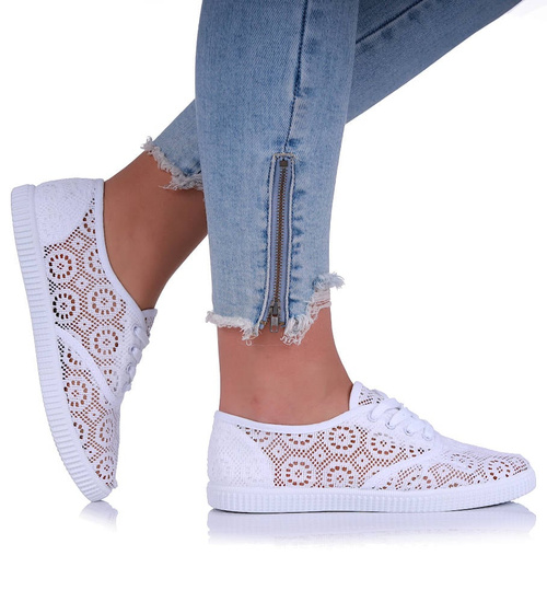Białe ażurowe koronkowe tenisówki /E2-2 17233 T233/