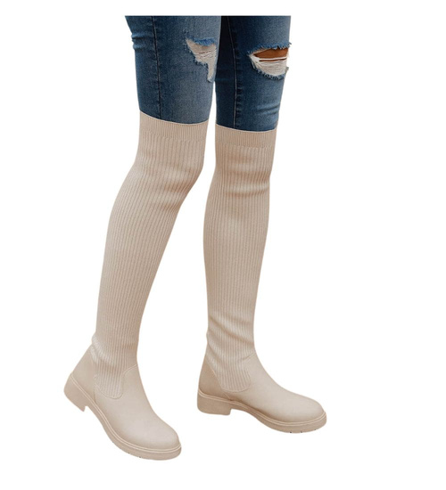 Wysokie kozaki lekko ocieplane elastyczne Beżowe /G4-1 18072 T380/