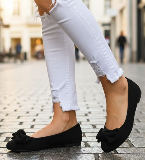 Czarne baleriny damskie zamszowe z kokardą /H2 18488 W6/