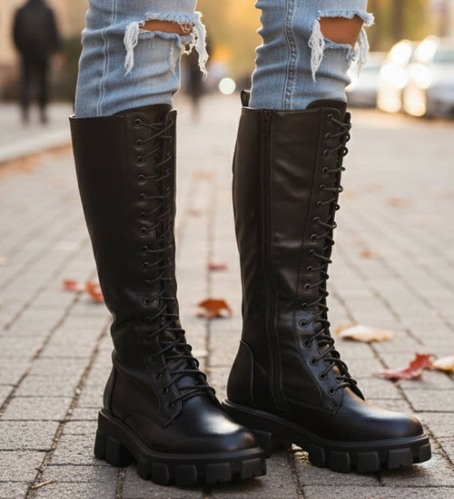 Wysokie wiązane glany damskie Czarne /A9-1 12550 T592/