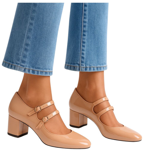 Beżowe czółenka damskie na słupku /B1-3 17504  W182/