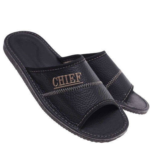 Skórzane otwarte klapki domowe Chief czarne /D2-1 18685 S199/