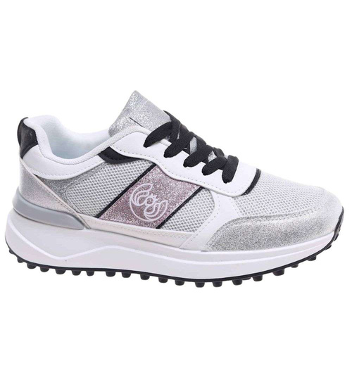 Biało srebrne wiązane buty sportowe /A2-3 18843 T232/