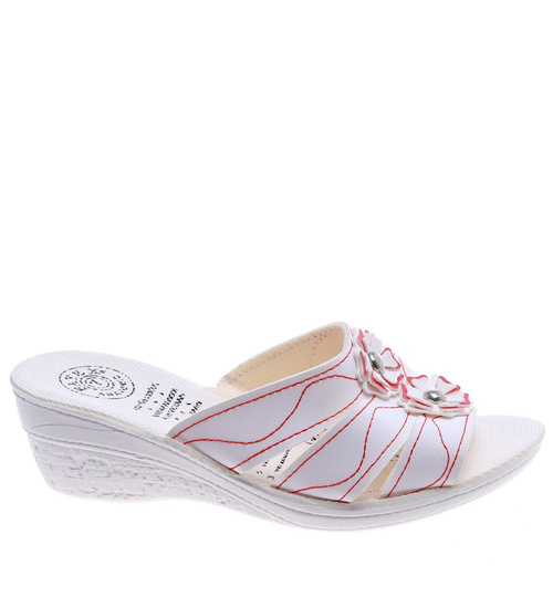 Białe klapki na koturnie z czerwonymi przeszyciami /H2 14303 T005/