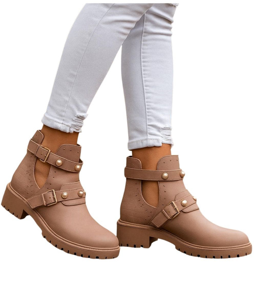 Beżowe botki damskie na płaskim obcasie /E7-3 13401 S290/