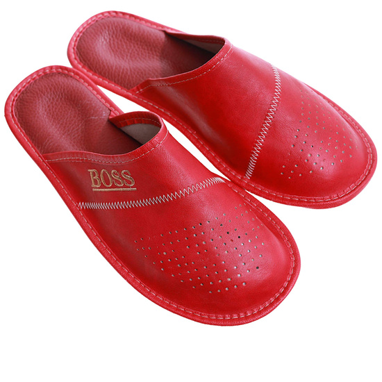 Kryte skórzane męskie klapki domowe BOSS Czerwone /G7-1 17322 S199/