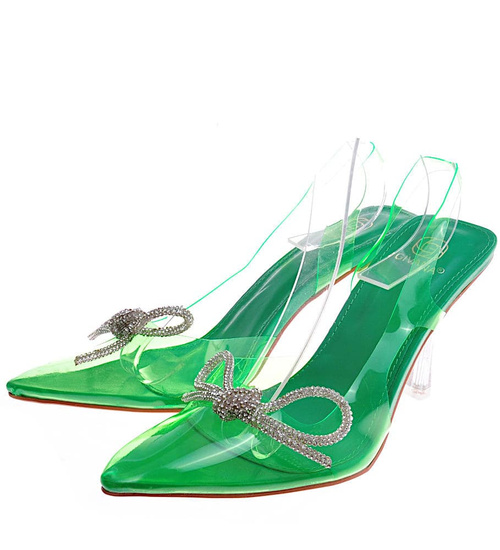 Transparentne zielone szpilki z kokardą /F7-2 12143 T797/