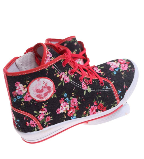 Wysokie dziewczęce trampki w kwiatki czarno-czerwone /A2-3 7544 S089/