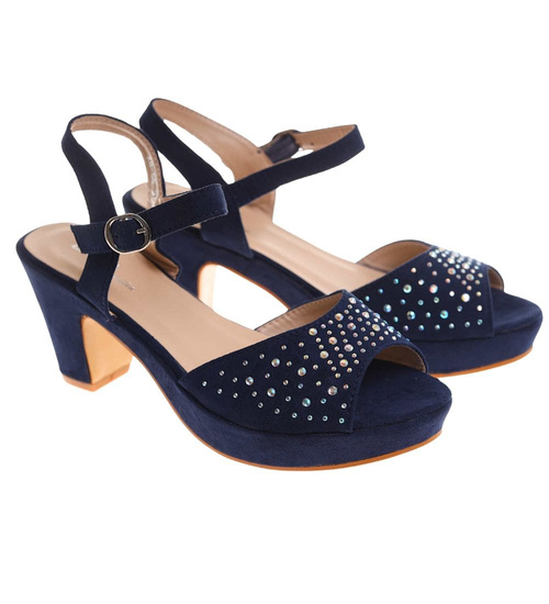Granatowe damskie sandały na słupku i platformie /E3-2 16065 G185/