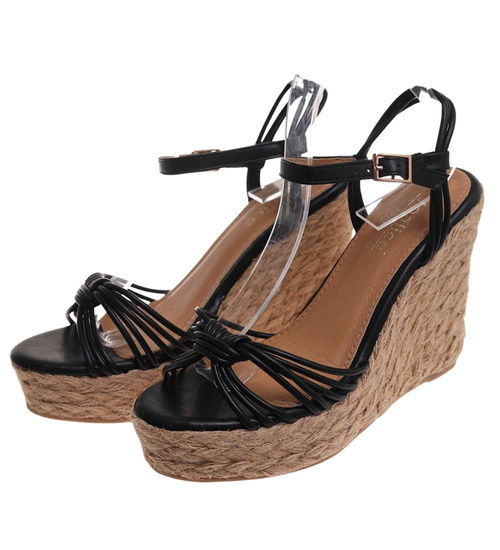 Sandały damskie na koturnie i platformie Czarne espadryle /B4-3 17873 G187/