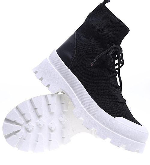 Wiosenne czarne botki z tkaniny na platformie /E1-3 15725 T144/