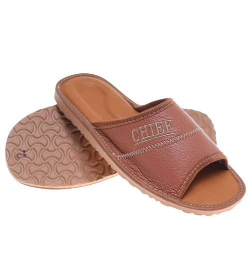 Skórzane otwarte klapki domowe Chief brązowe /G8-1 18685 S199/