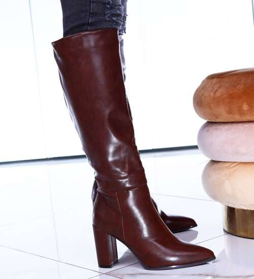 Brązowe eleganckie kozaki damskie na słupku /F5-1 15176 T389/ Brązowe eleganckie kozaki damskie na słupku /F5-1 15176 T389/