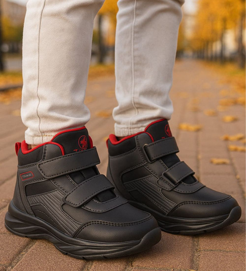 Ocieplane półbuty na rzepy Czarno czerwony /A8-218361 T285/