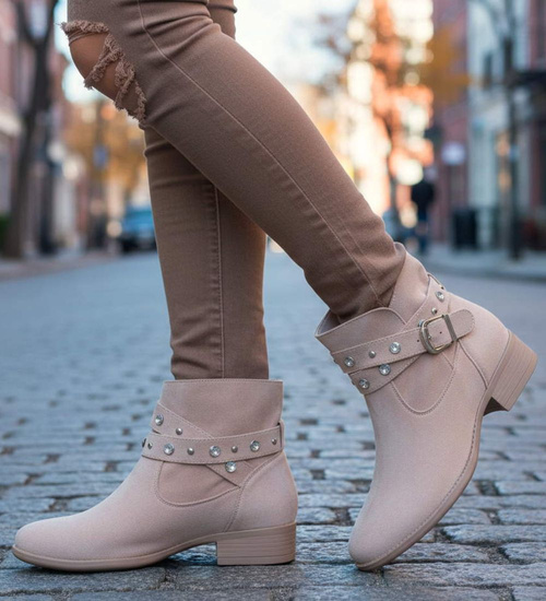 Zamszowe botki damskie beżowe /K3-3 18552 W222/