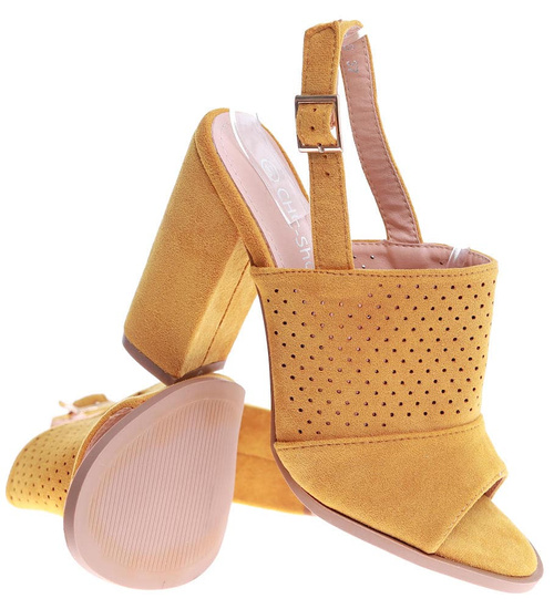 Ażurowe żółte sandały na słupku /E8-3 16126 T242/